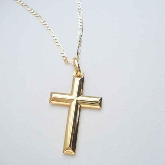 Real 10K Gold Cross Necklace, High Quality ITALY 10K Gold Cross Figaro Chain 20" - Picture 5 of 6